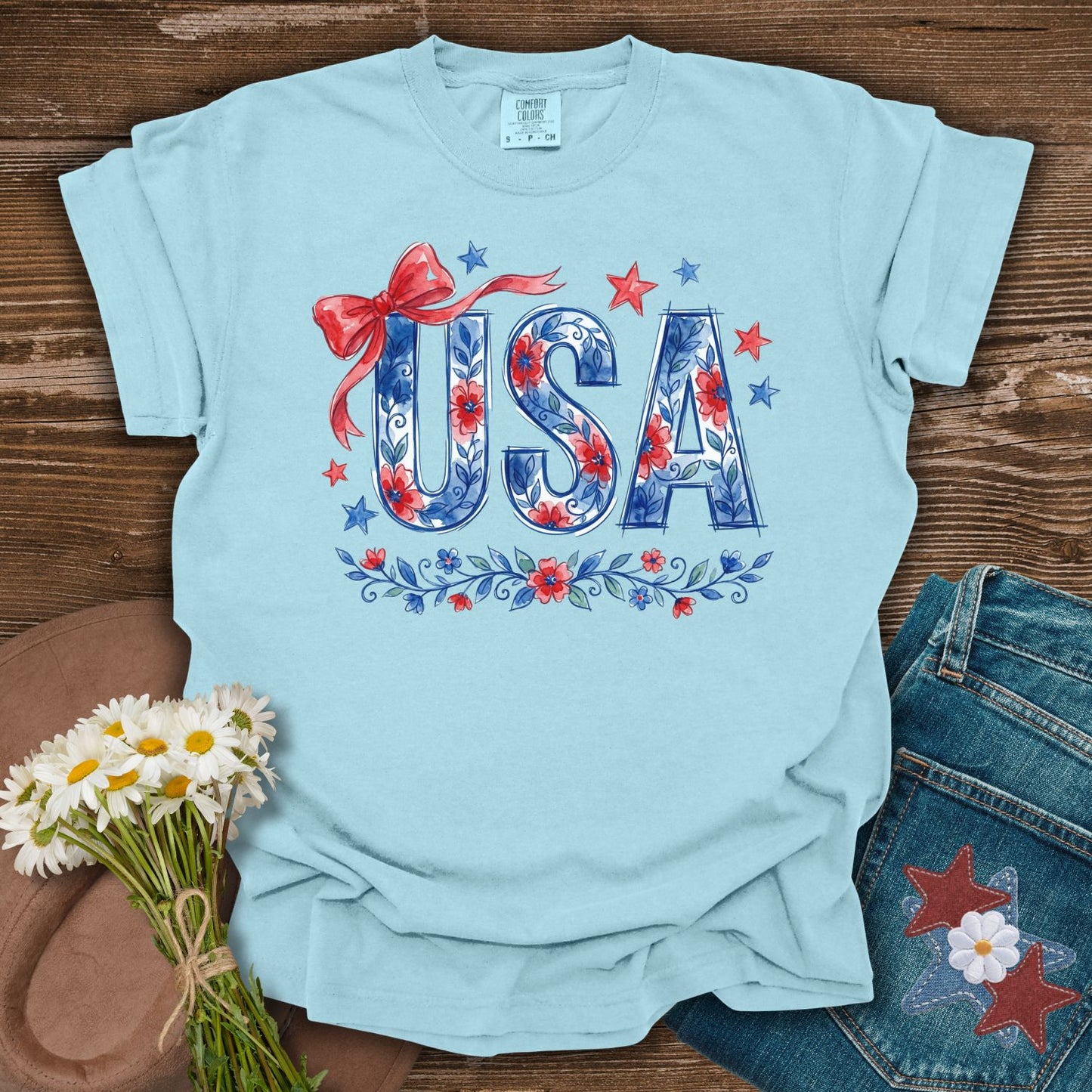 USA Floral Patriotic Bows & Stars T-Shirt