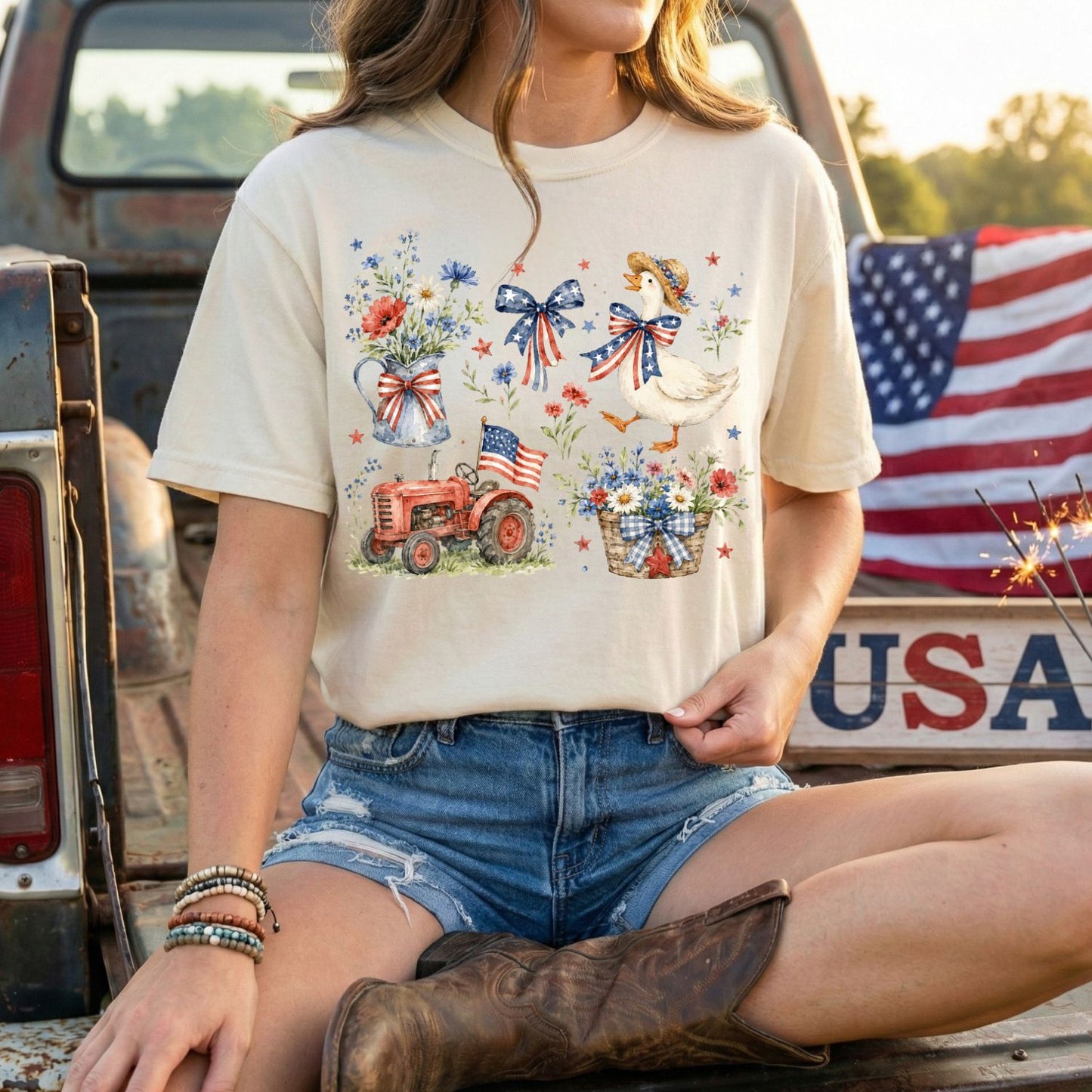 Vintage Patriotic Farmhouse with Goose T-Shirt
