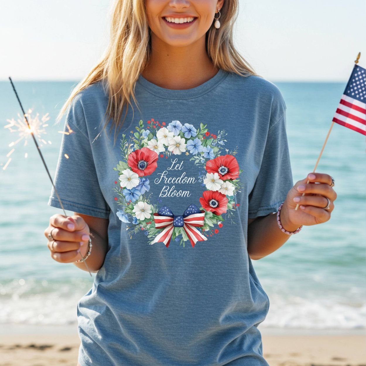 Let Freedom Bloom Patriotic Floral Wreath T-Shirt