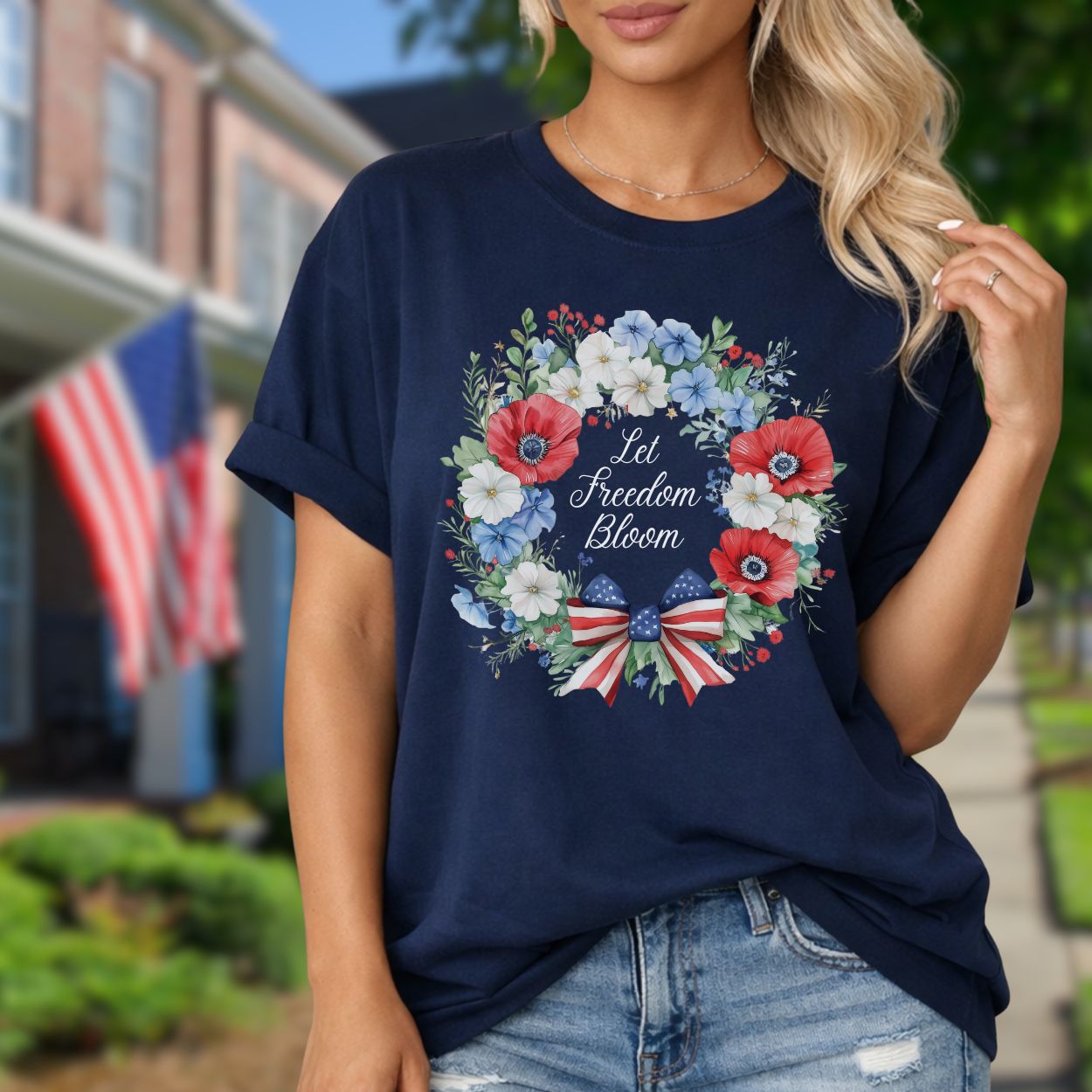 Let Freedom Bloom Patriotic Floral Wreath T-Shirt
