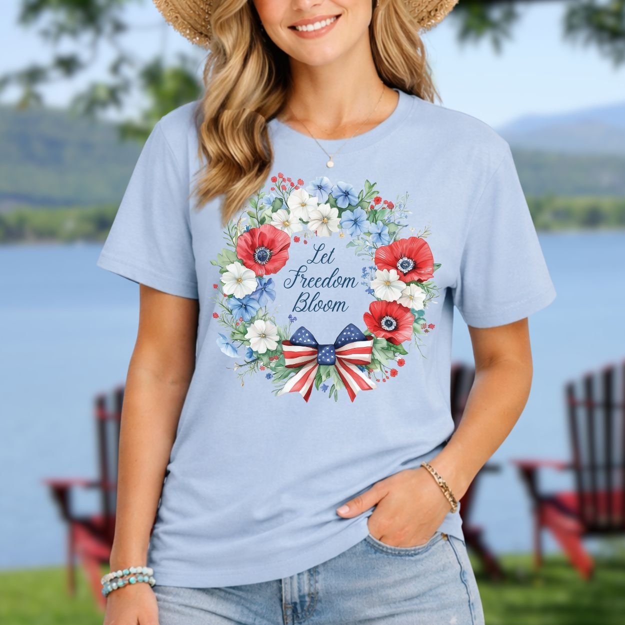 Let Freedom Bloom Patriotic Floral Wreath T-Shirt