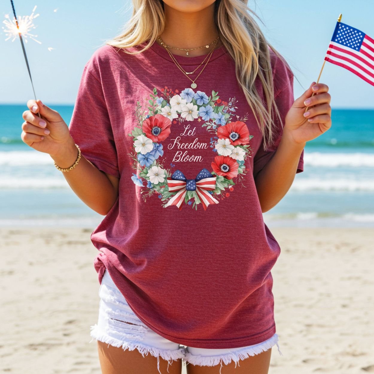 Let Freedom Bloom Patriotic Floral Wreath T-Shirt