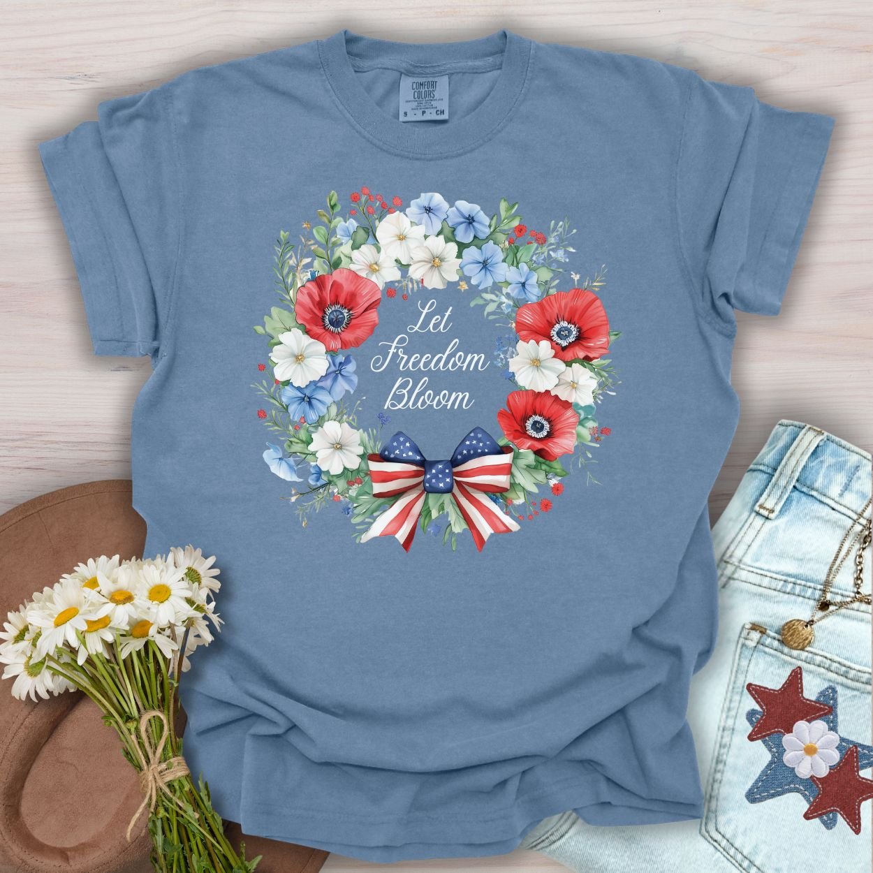 Let Freedom Bloom Patriotic Floral Wreath T-Shirt