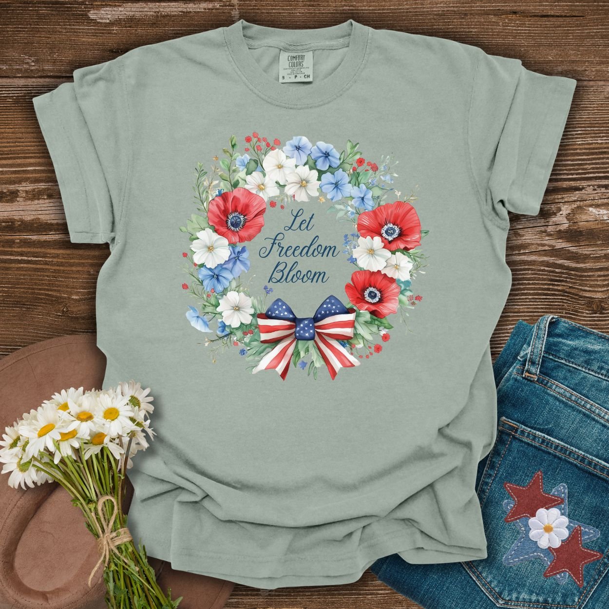 Let Freedom Bloom Patriotic Floral Wreath T-Shirt