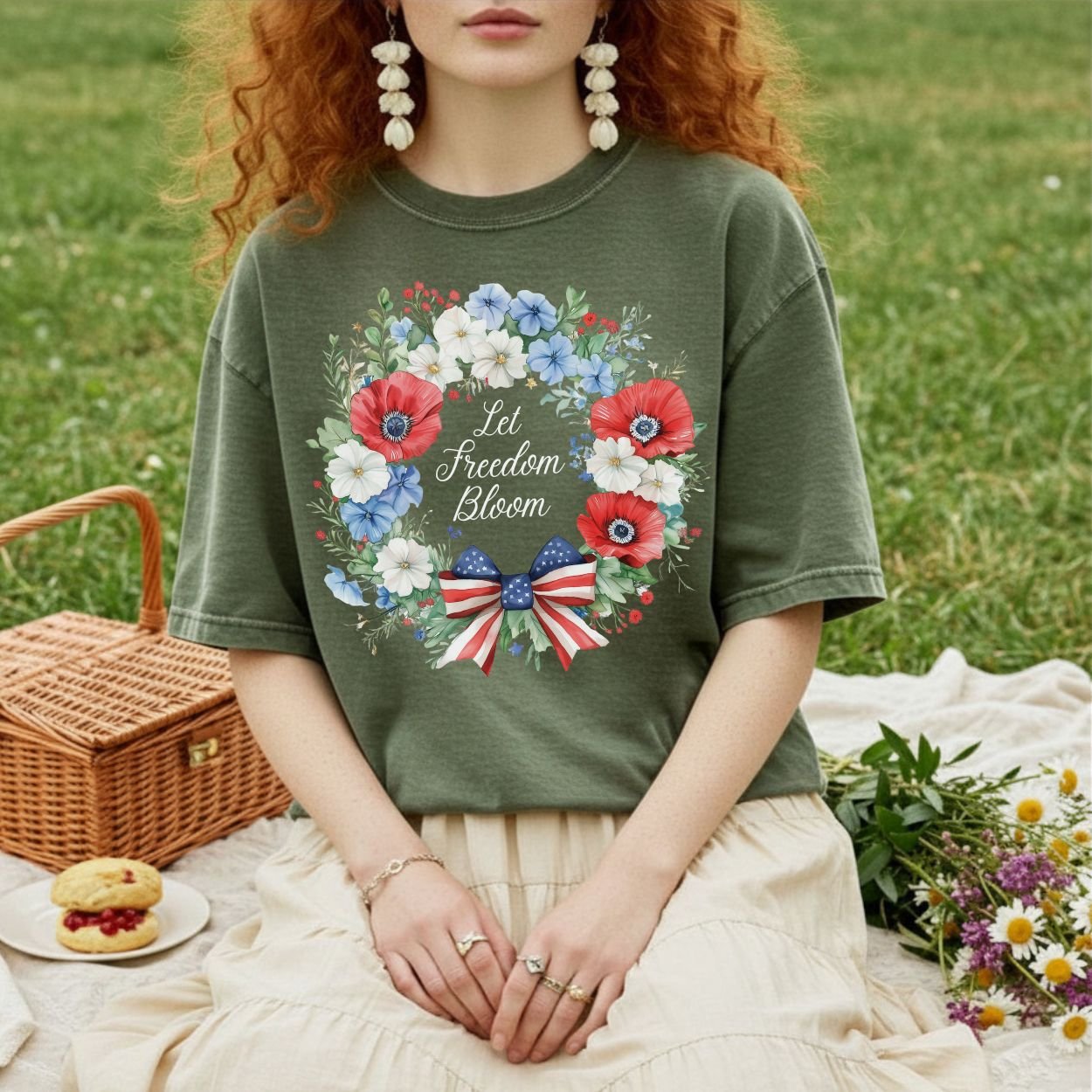 Let Freedom Bloom Patriotic Floral Wreath T-Shirt