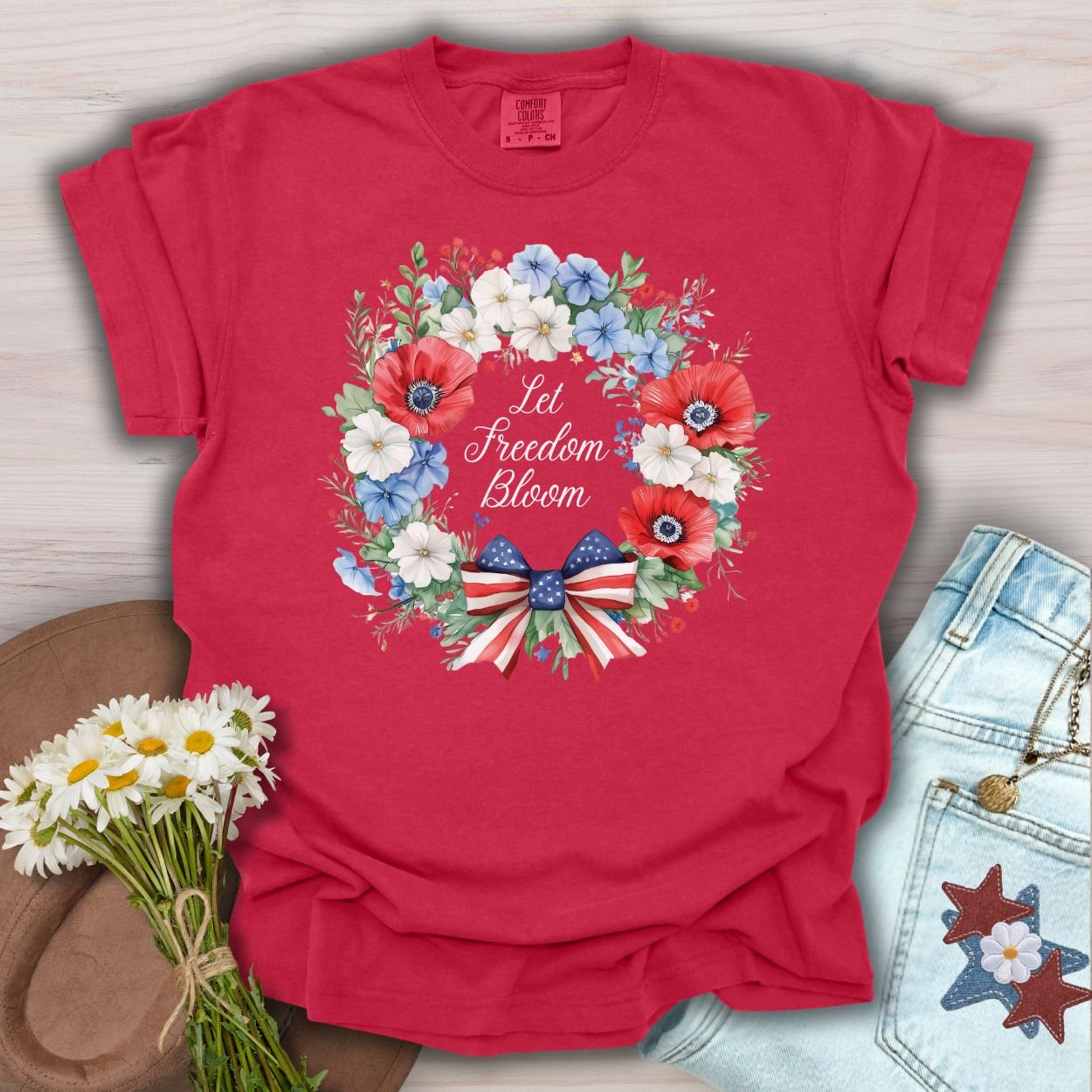 Let Freedom Bloom Patriotic Floral Wreath T-Shirt