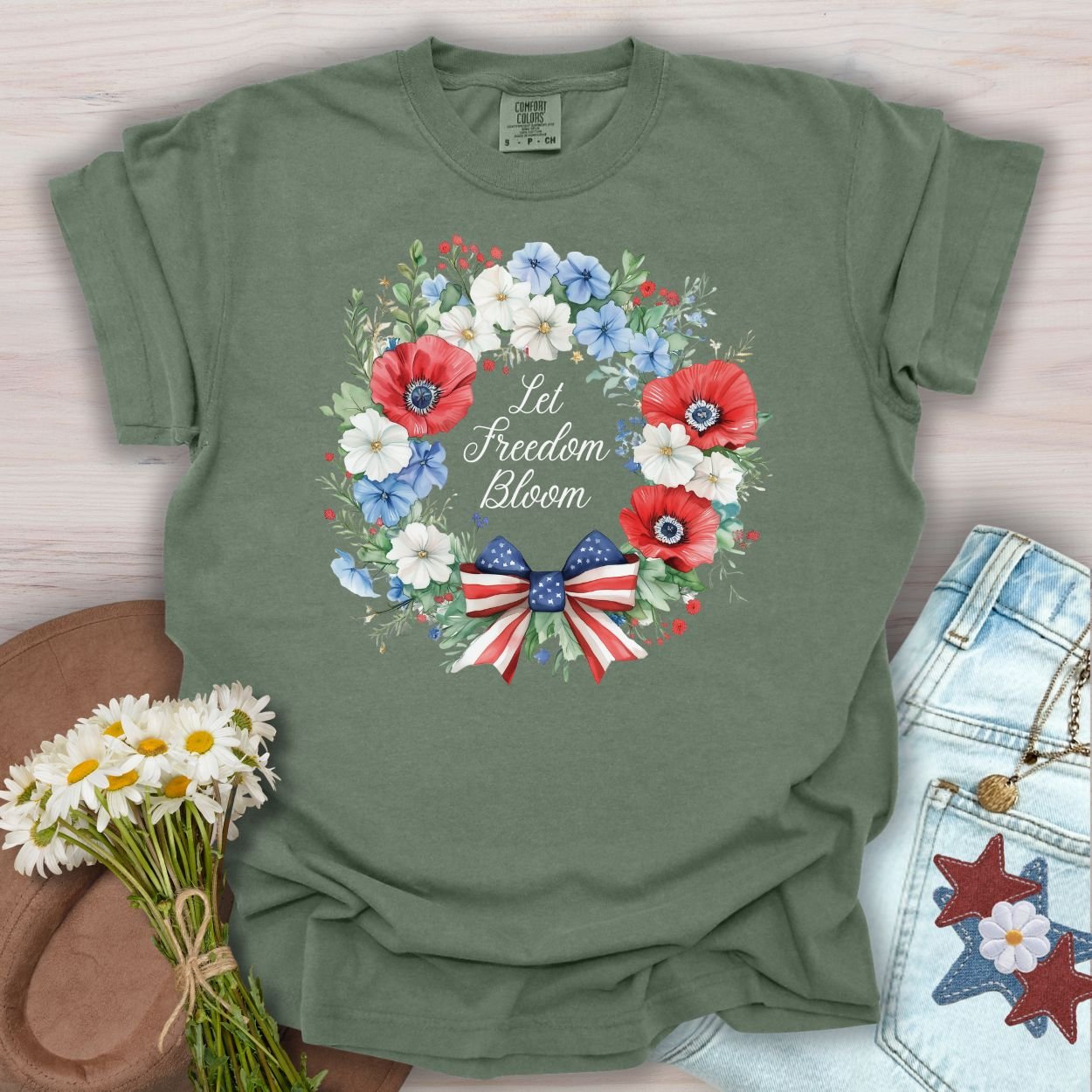 Let Freedom Bloom Patriotic Floral Wreath T-Shirt