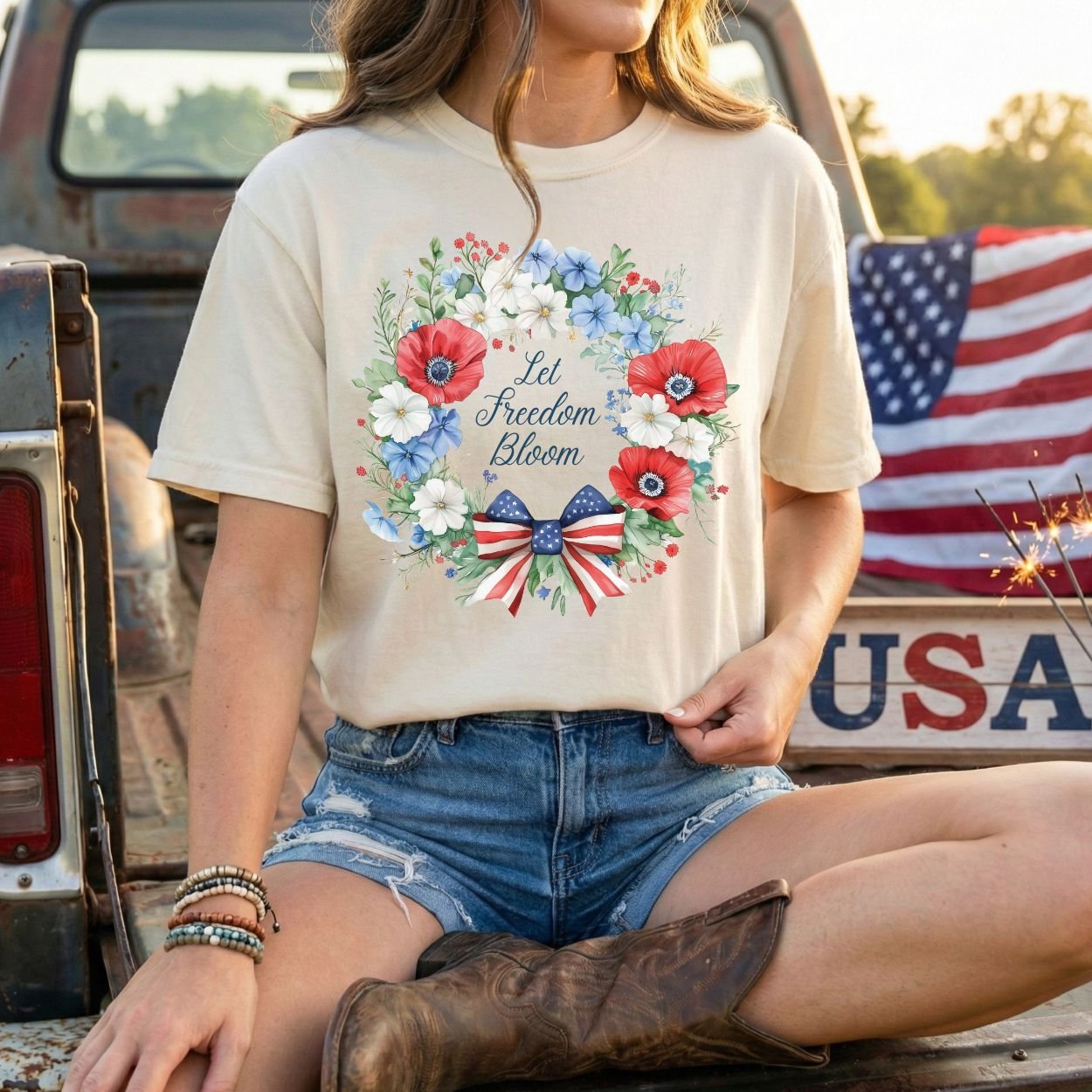 Let Freedom Bloom Patriotic Floral Wreath T-Shirt