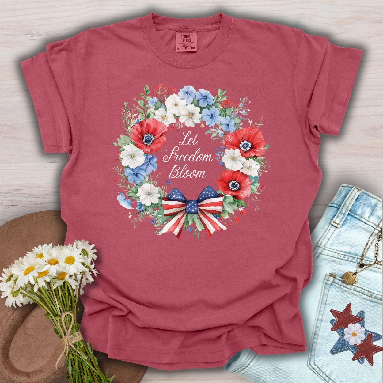 Let Freedom Bloom Patriotic Floral Wreath T-Shirt