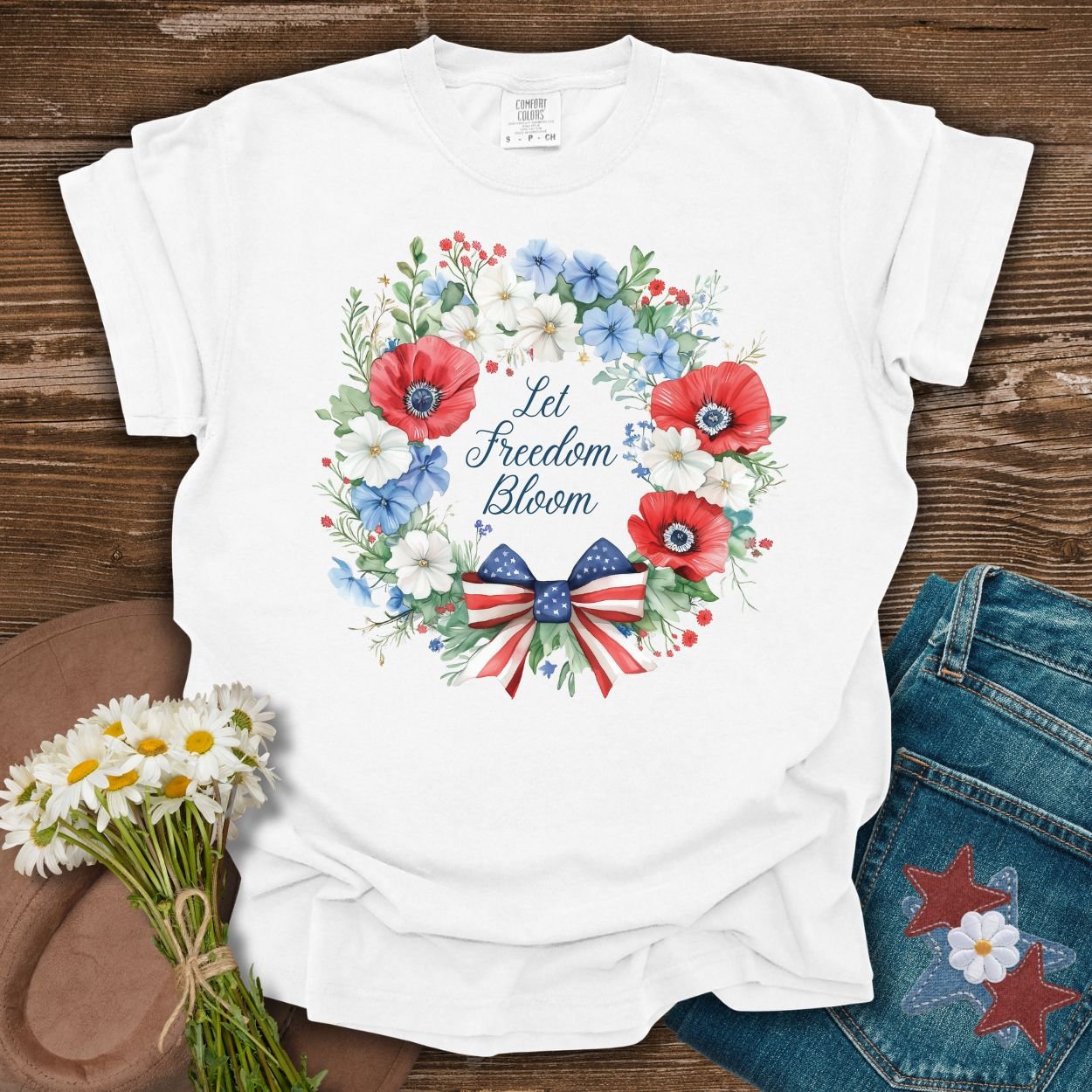 Let Freedom Bloom Patriotic Floral Wreath T-Shirt