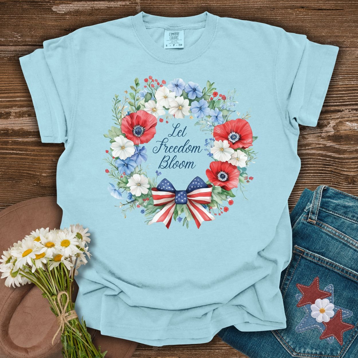 Let Freedom Bloom Patriotic Floral Wreath T-Shirt