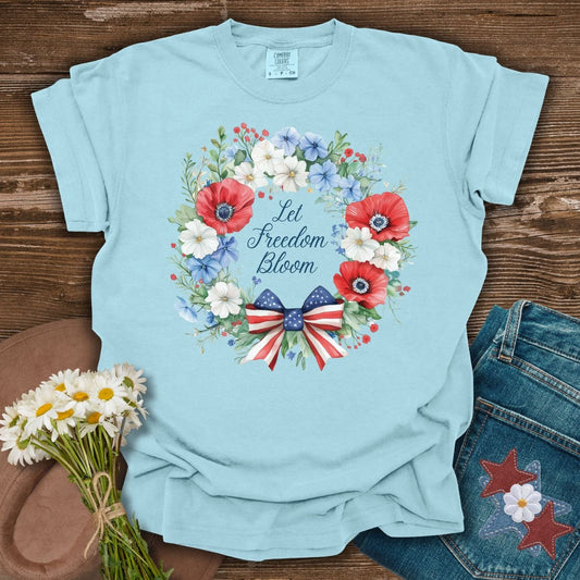 Let Freedom Bloom Patriotic Floral Wreath T-Shirt