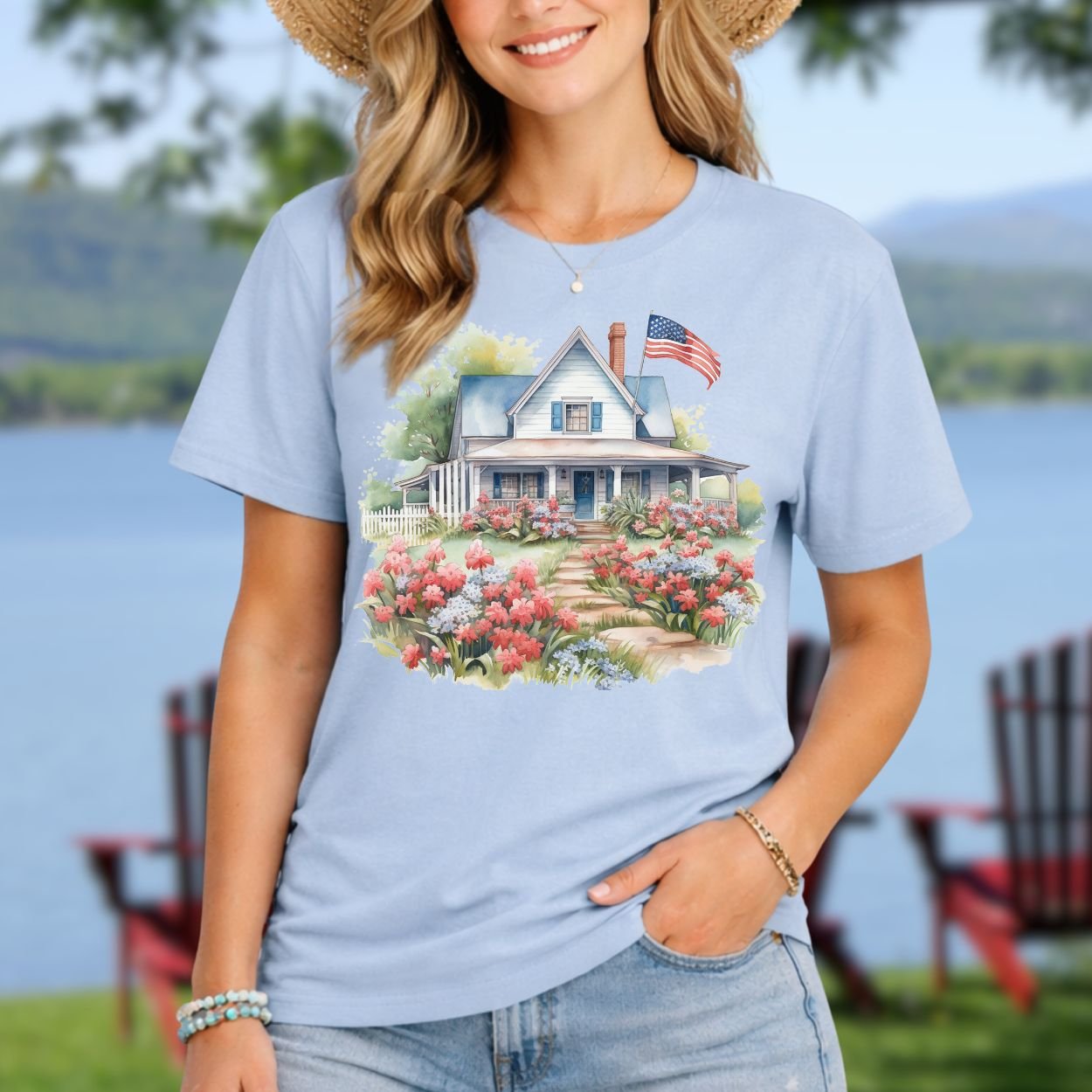 American Patriotic Farmhouse & Flowers T-Shirt