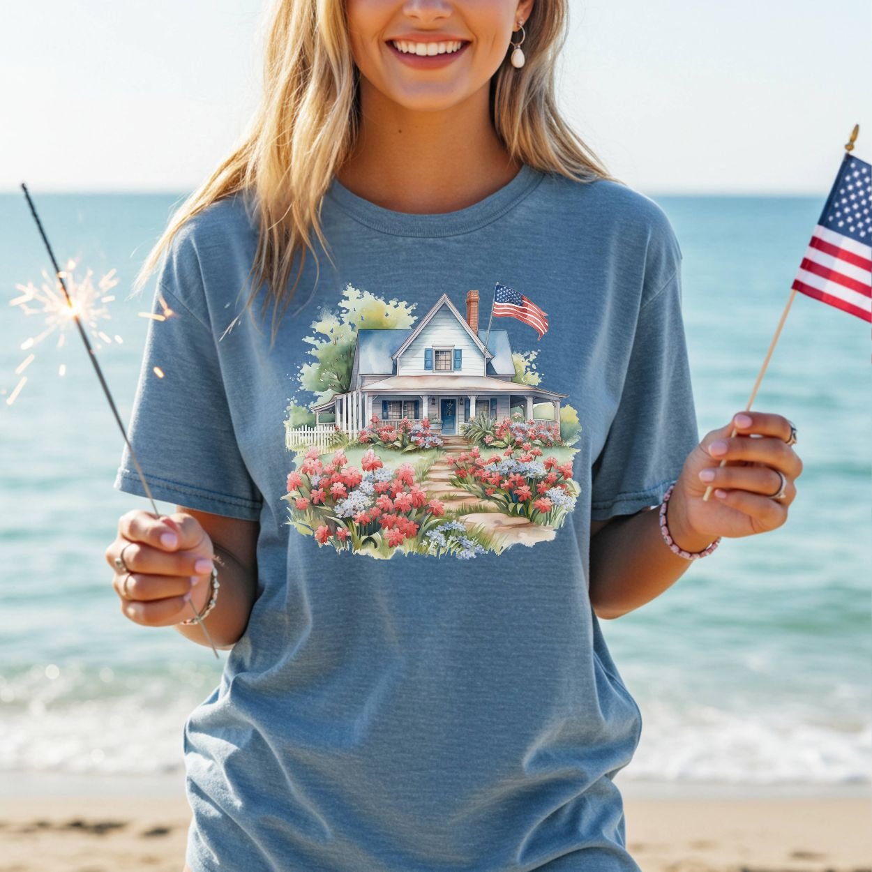 American Patriotic Farmhouse & Flowers T-Shirt