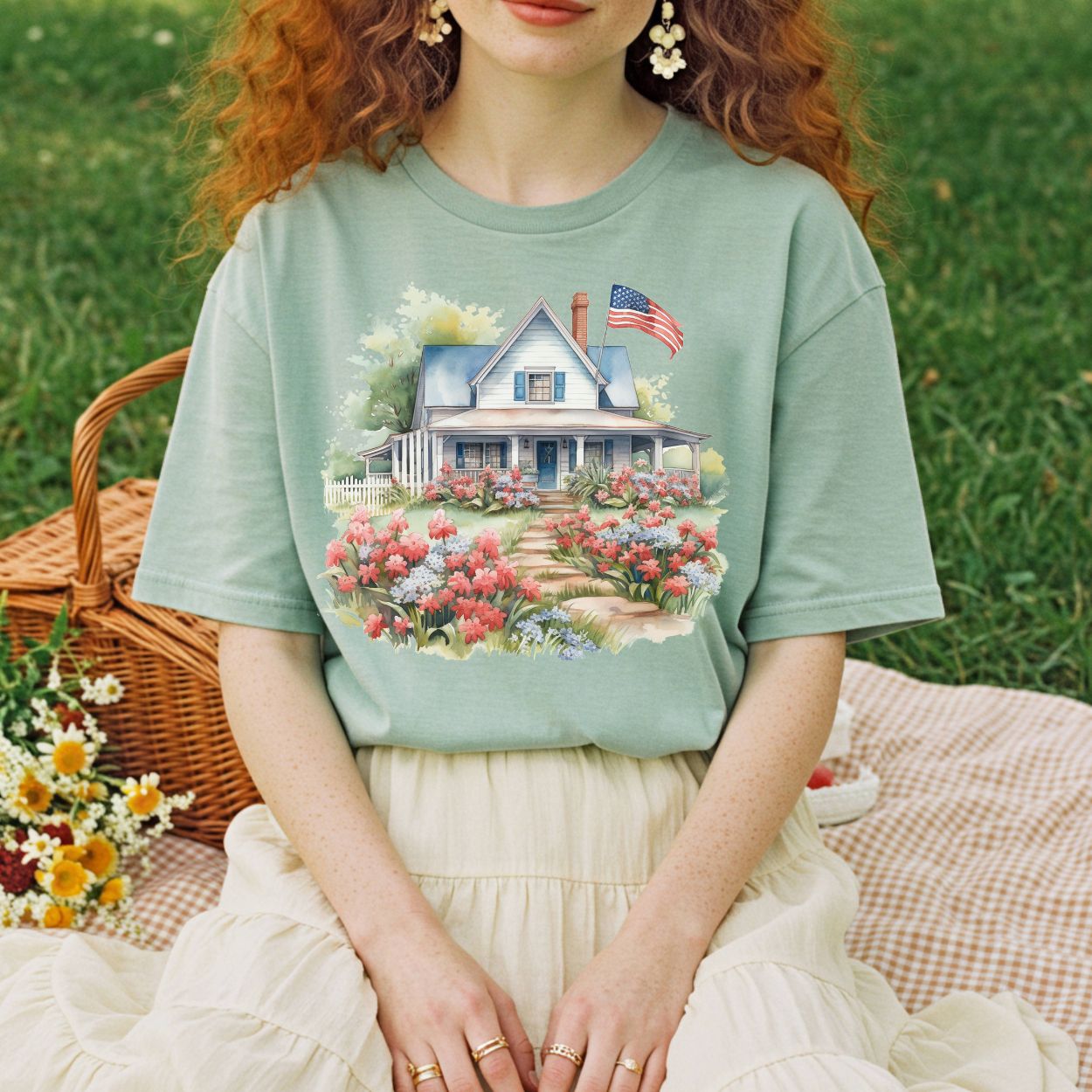 American Patriotic Farmhouse & Flowers T-Shirt
