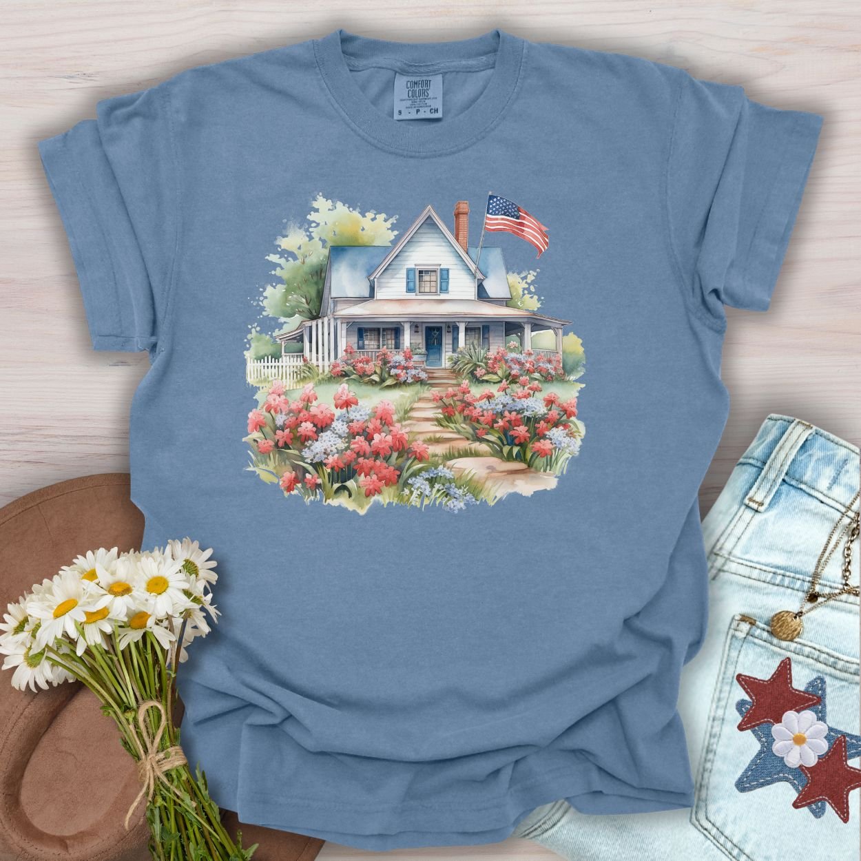 American Patriotic Farmhouse & Flowers T-Shirt