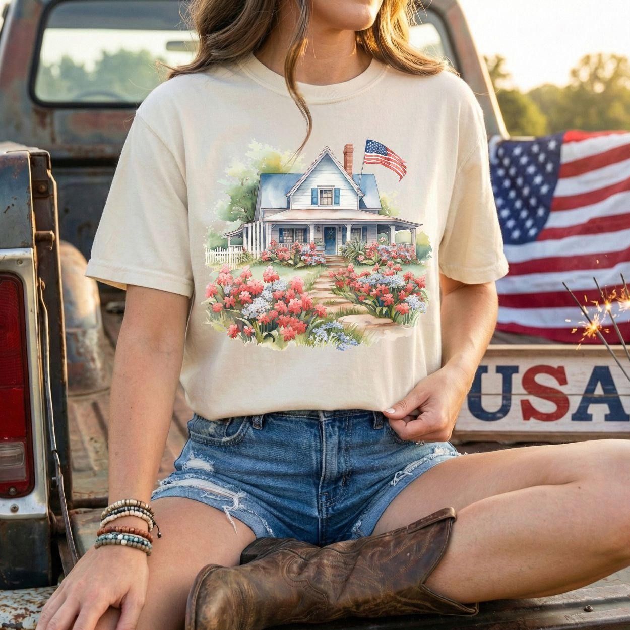 American Patriotic Farmhouse & Flowers T-Shirt