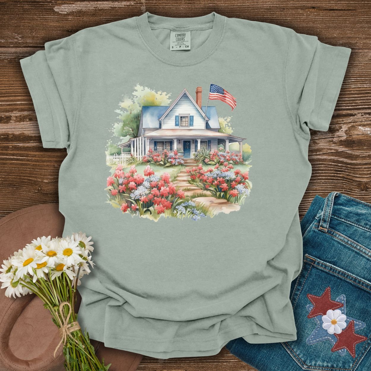 American Patriotic Farmhouse & Flowers T-Shirt