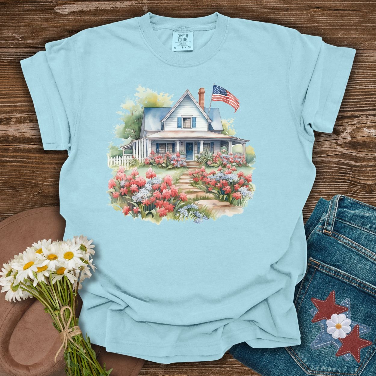 American Patriotic Farmhouse & Flowers T-Shirt