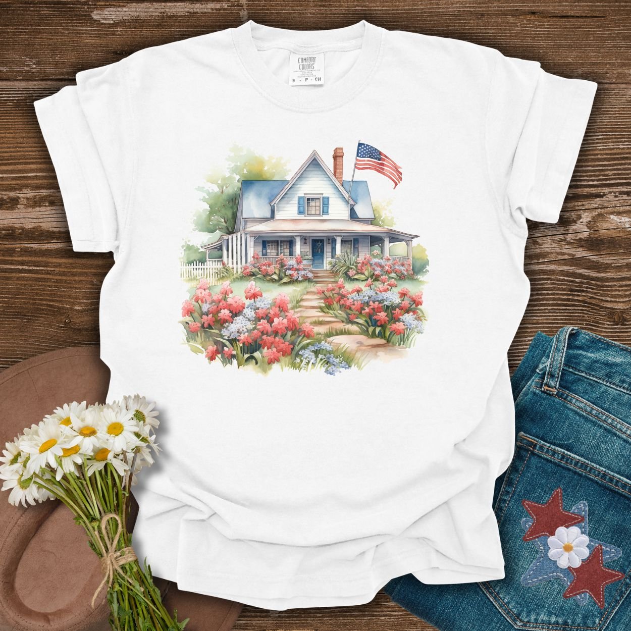 American Patriotic Farmhouse & Flowers T-Shirt