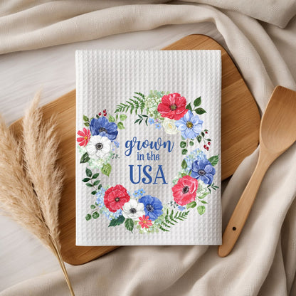 Grown in the USA Patriotic Floral Wreath Tea Towel