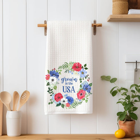 Grown in the USA Patriotic Floral Wreath Tea Towel