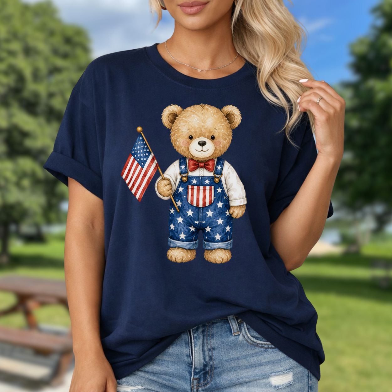 Patriotic Teddy Bear Boy with Flag T-Shirt