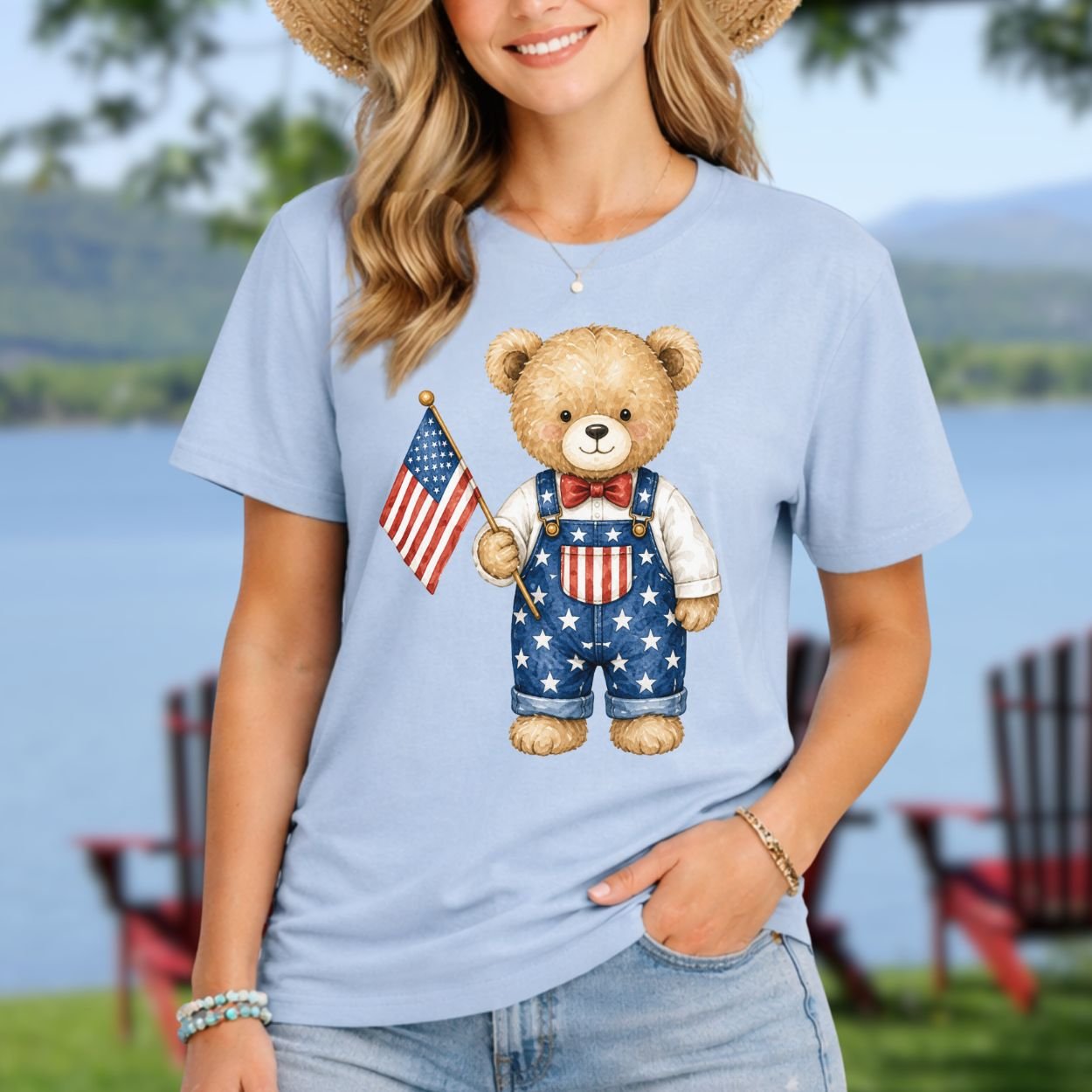 Patriotic Teddy Bear Boy with Flag T-Shirt