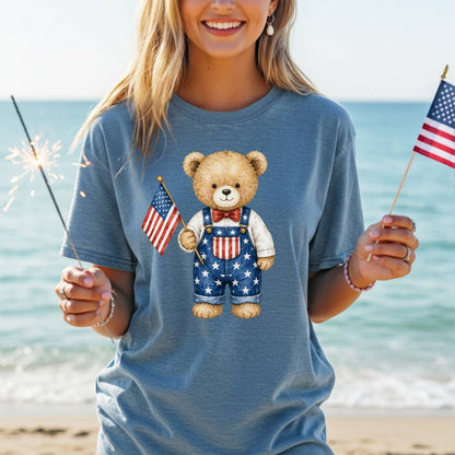 Patriotic Teddy Bear Boy with Flag T-Shirt