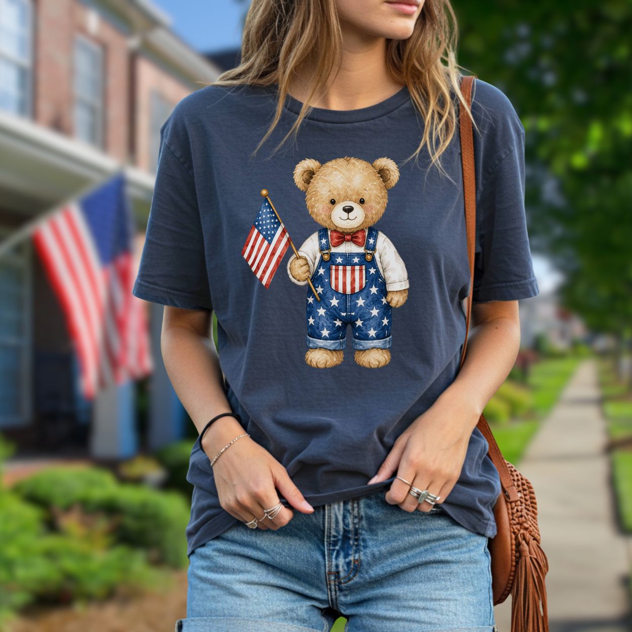Patriotic Teddy Bear Boy with Flag T-Shirt