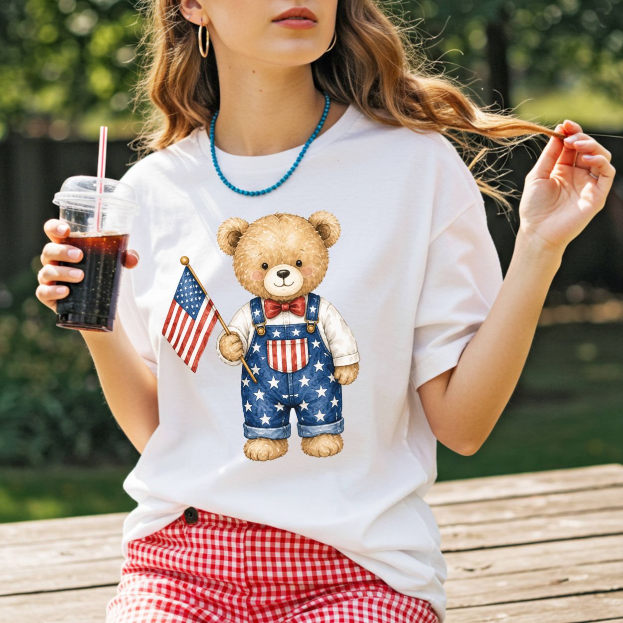 Patriotic Teddy Bear Boy with Flag T-Shirt