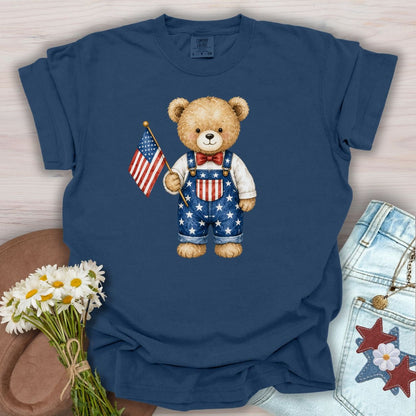 Patriotic Teddy Bear Boy with Flag T-Shirt