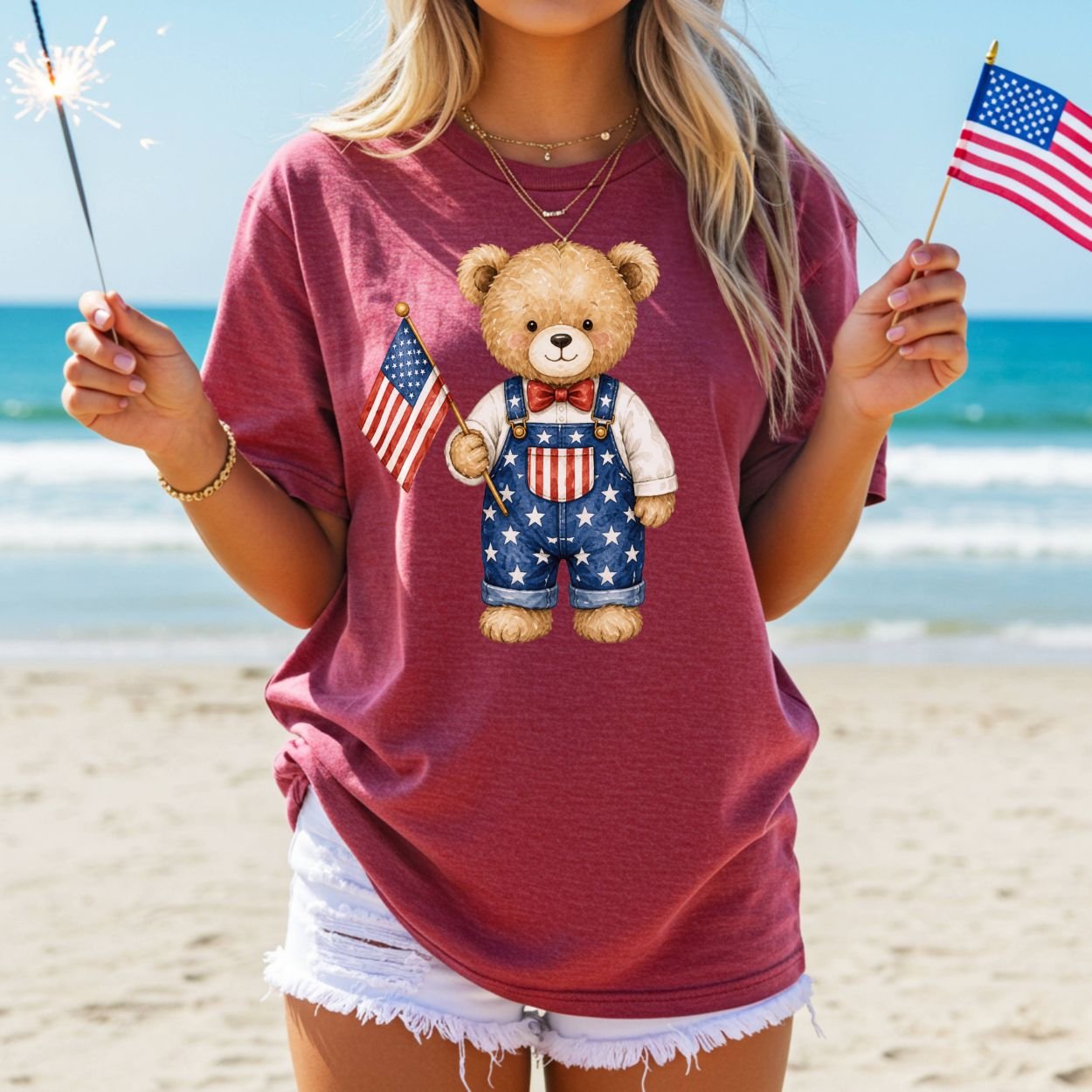 Patriotic Teddy Bear Boy with Flag T-Shirt