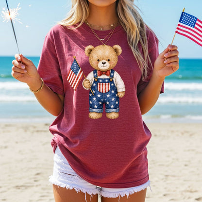 Patriotic Teddy Bear Boy with Flag T-Shirt