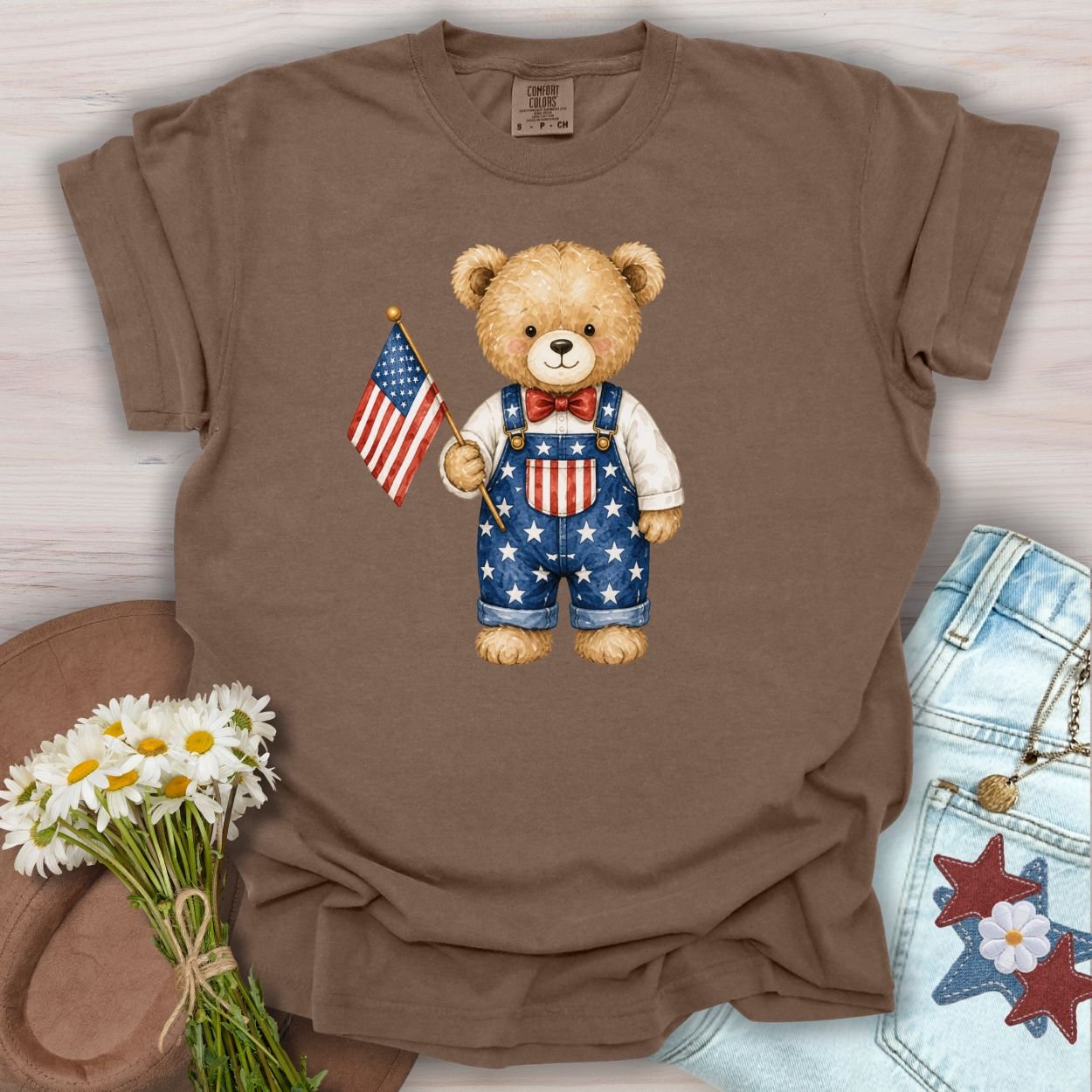 Patriotic Teddy Bear Boy with Flag T-Shirt
