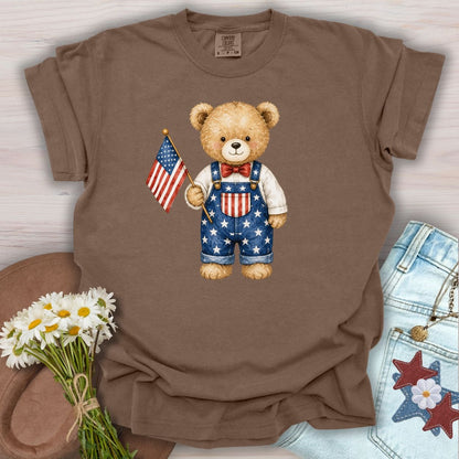 Patriotic Teddy Bear Boy with Flag T-Shirt