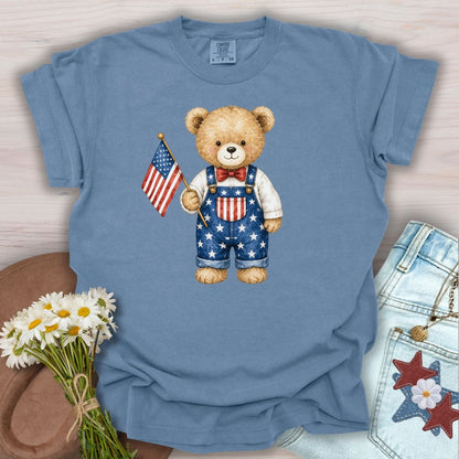 Patriotic Teddy Bear Boy with Flag T-Shirt