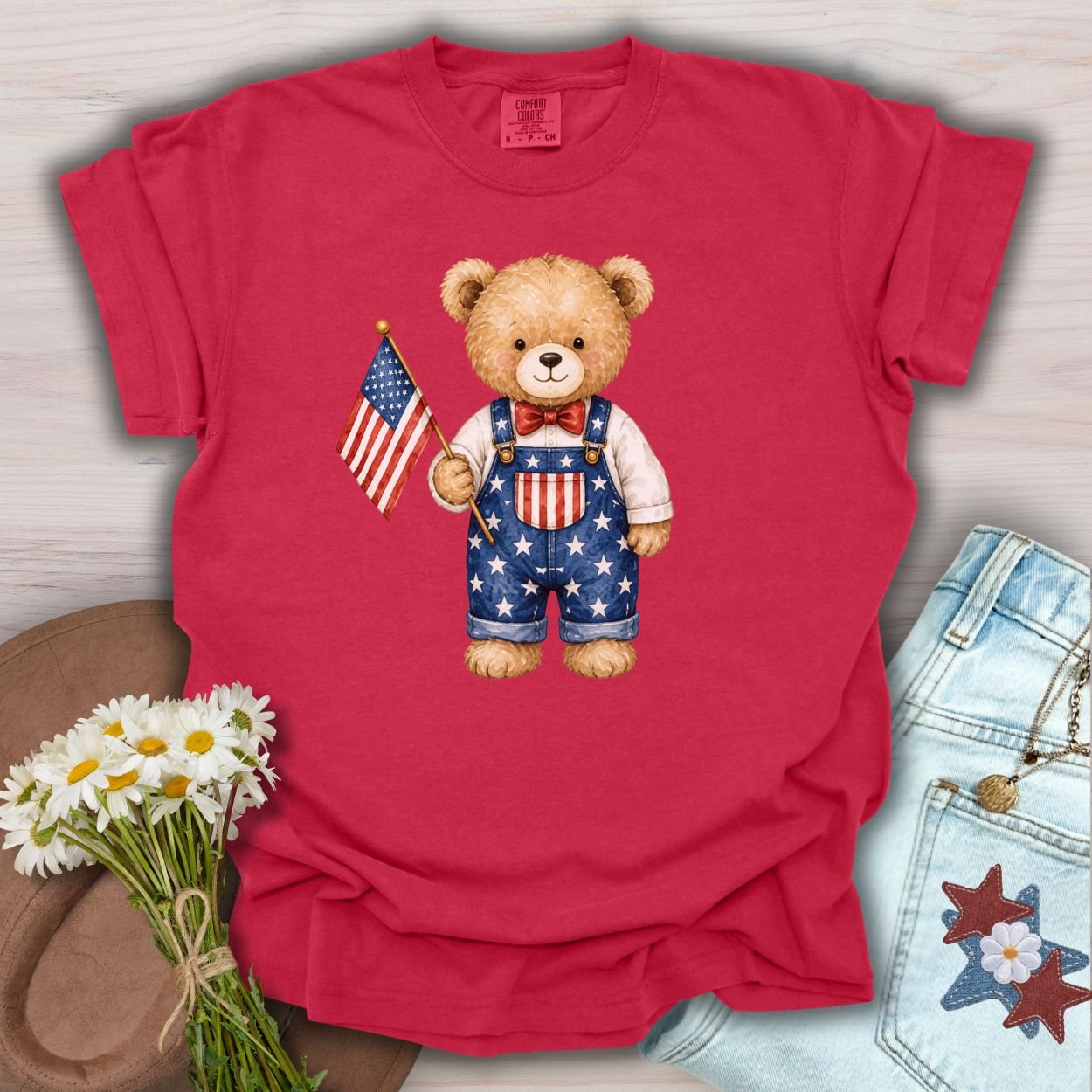 Patriotic Teddy Bear Boy with Flag T-Shirt