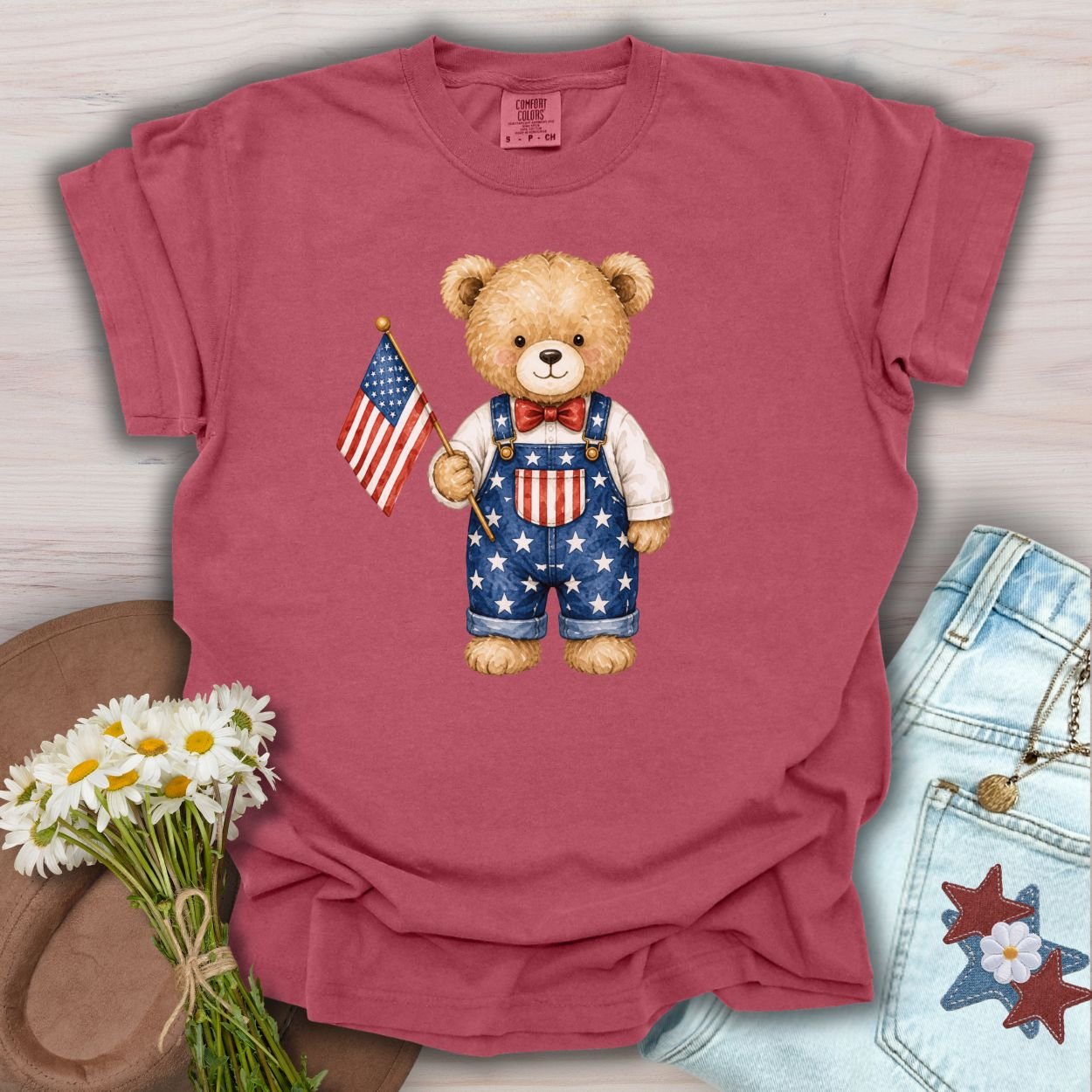 Patriotic Teddy Bear Boy with Flag T-Shirt