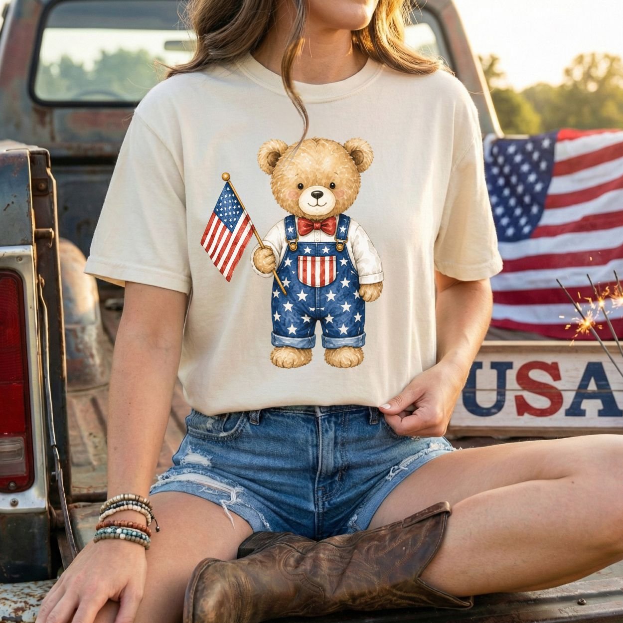Patriotic Teddy Bear Boy with Flag T-Shirt