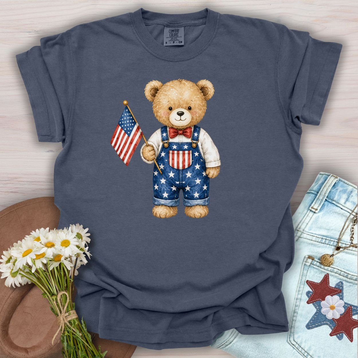 Patriotic Teddy Bear Boy with Flag T-Shirt