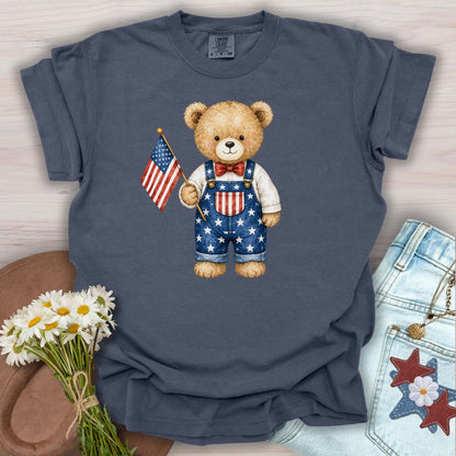 Patriotic Teddy Bear Boy with Flag T-Shirt