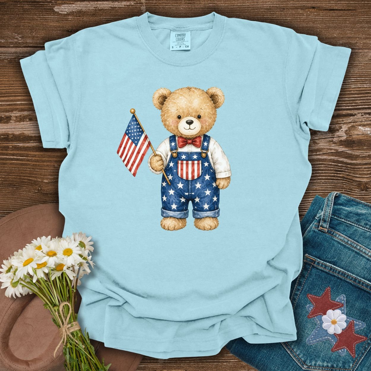 Patriotic Teddy Bear Boy with Flag T-Shirt
