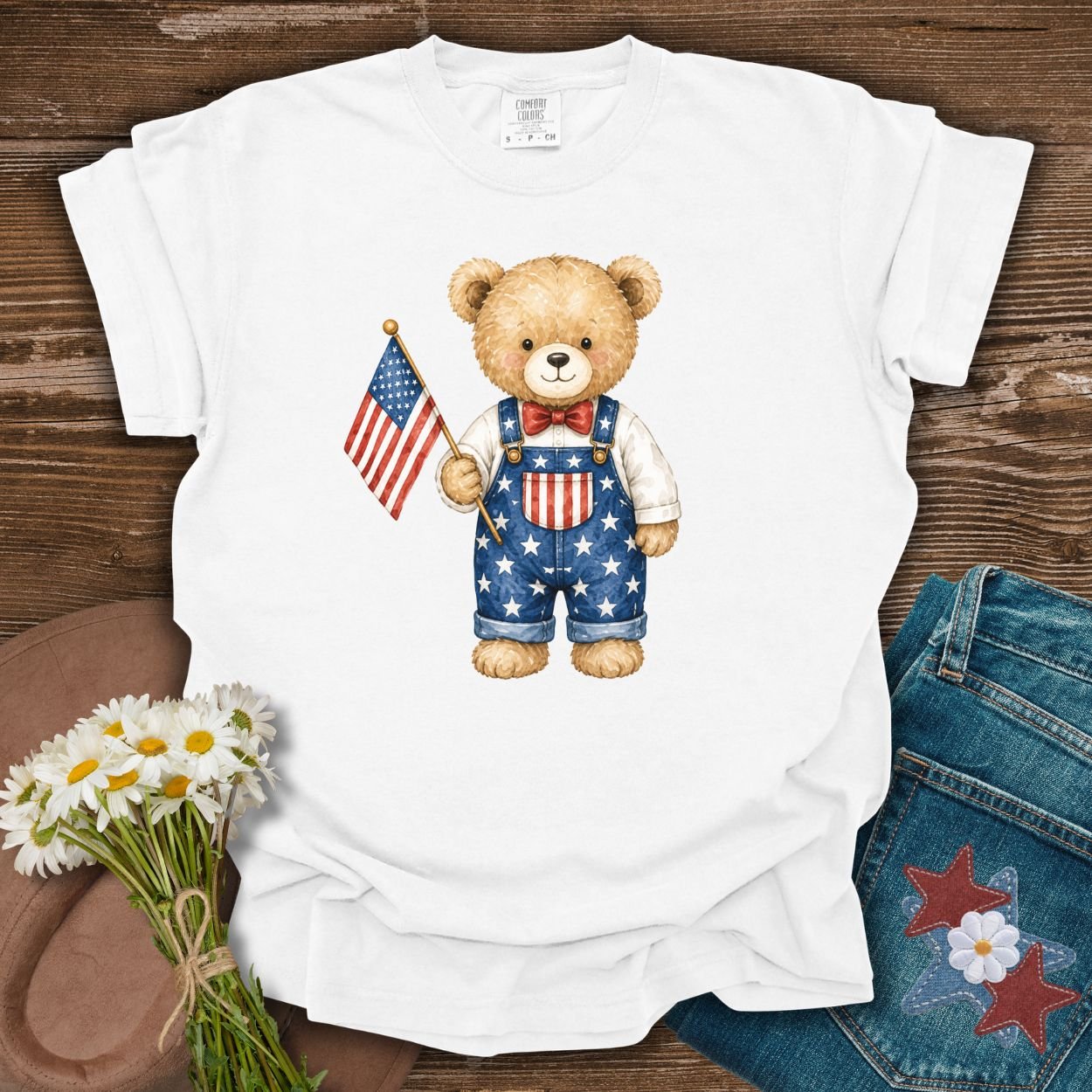 Patriotic Teddy Bear Boy with Flag T-Shirt