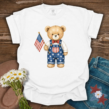 Patriotic Teddy Bear Boy with Flag T-Shirt