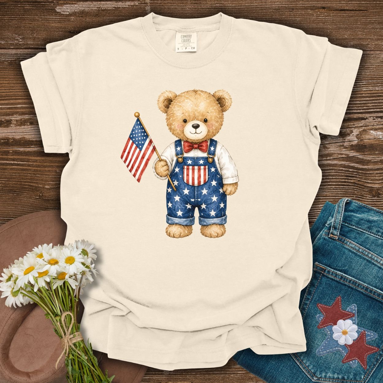 Patriotic Teddy Bear Boy with Flag T-Shirt