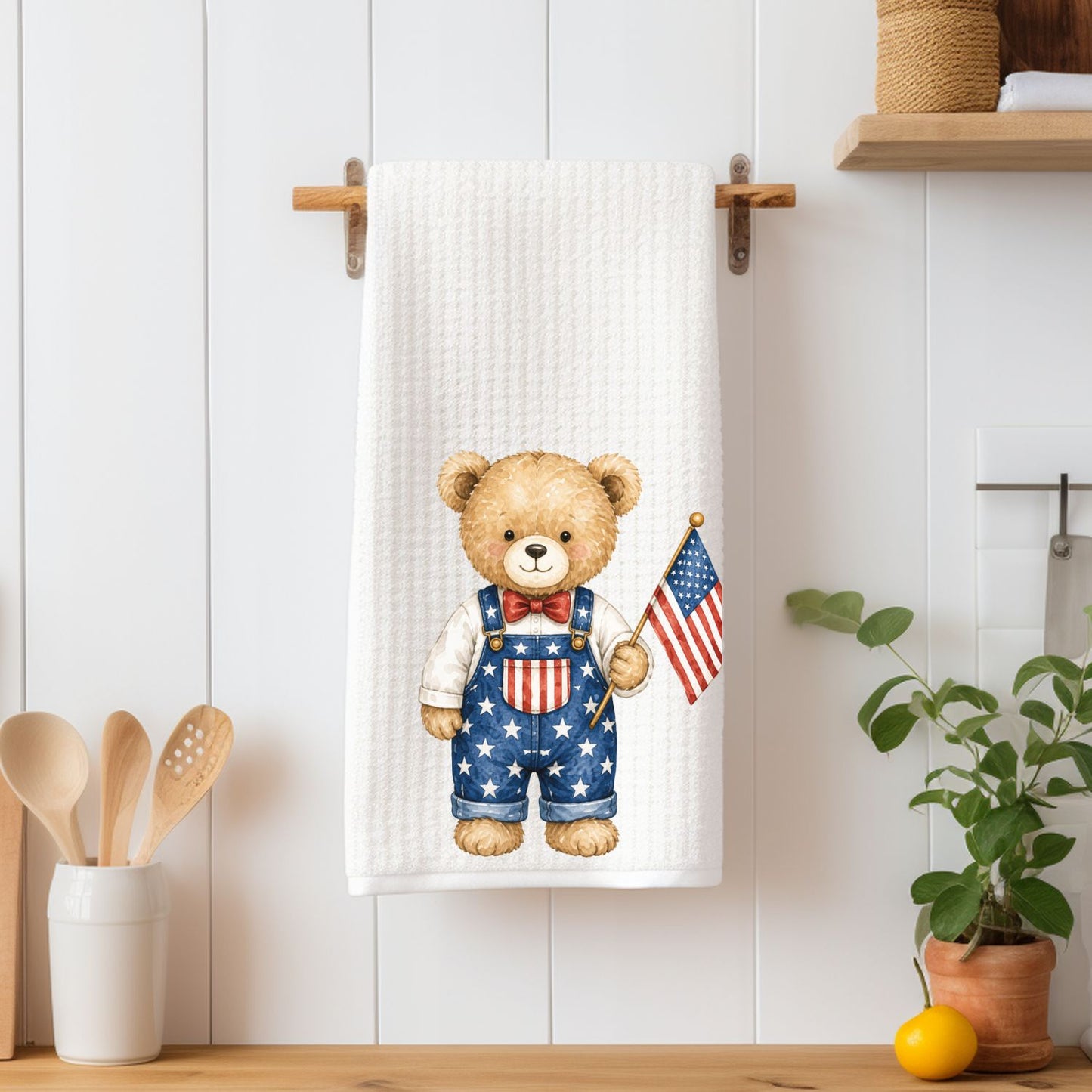 Patriotic Teddy Bear Boy with Flag Tea Towel
