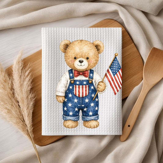 Patriotic Teddy Bear Boy with Flag Tea Towel
