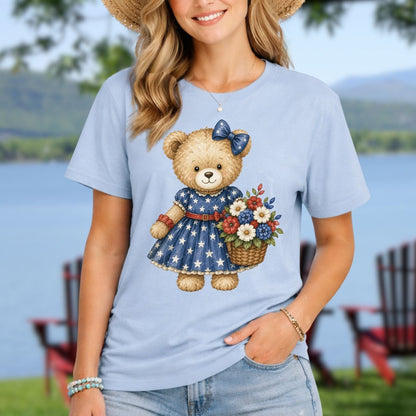 Patriotic Teddy Bear Girl with Floral Basket T-Shirt