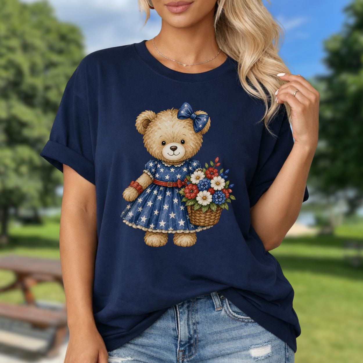Patriotic Teddy Bear Girl with Floral Basket T-Shirt